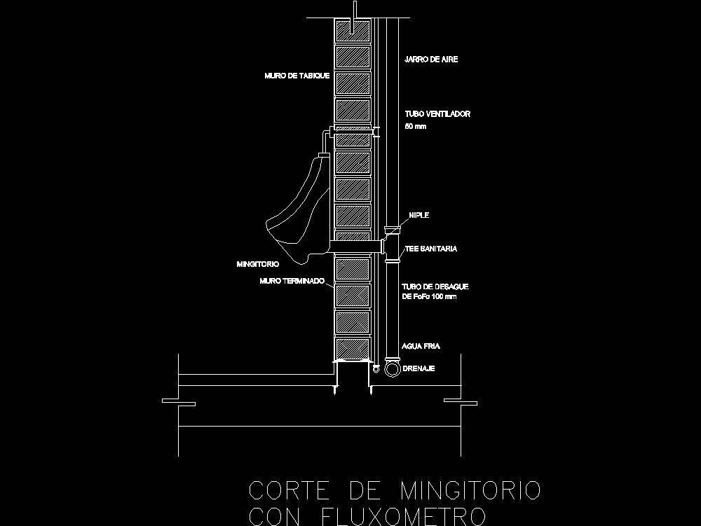 Detalle de conexión de mingitorio con fluxómetro