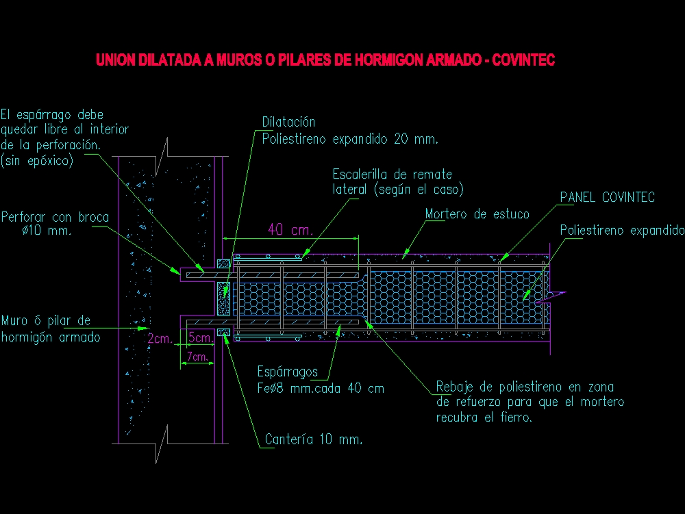 Union dilatada a muros o pilares de hormigon armado Covintec - Sistema constructivo