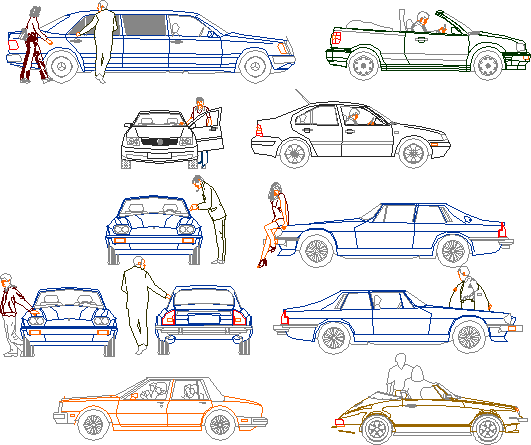 Szenen mit verschiedenen Autos und Personen in Seitenansicht