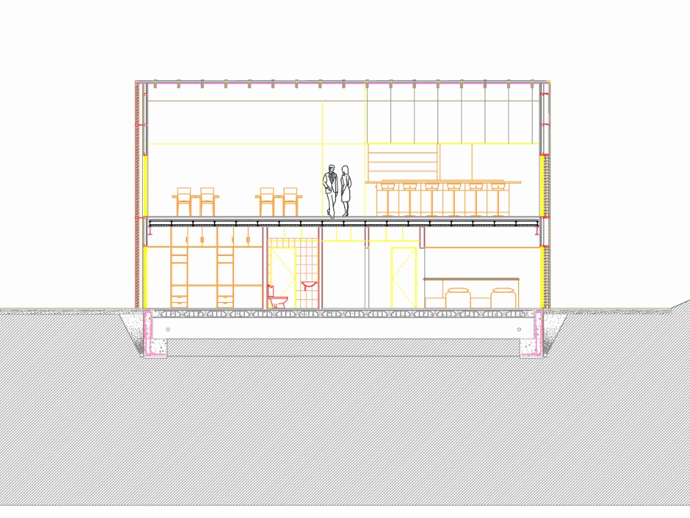 Corte de residencia - Cubierta estructura metálica y de madera - cerramiento fachada panel sandwich y forjado tipo Placner de vigueta metálica
