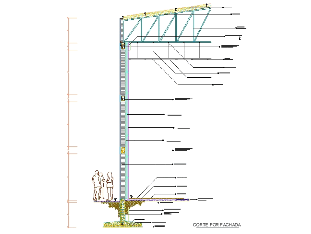 Corte por fachada de edificio con cubierta de armadura metalica (416.72