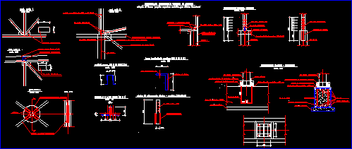 Detalhes de uma construção em aço destinada a um escritório ferroviário; âncoras de coluna de aço; vários nós e encontros