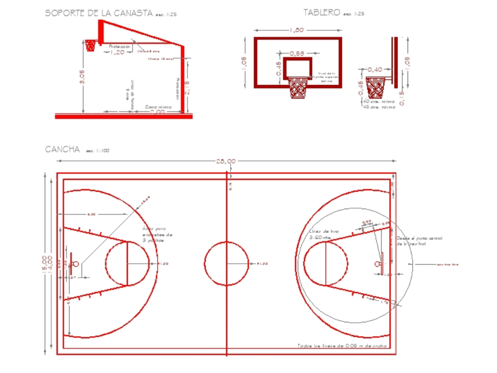 Cancha de basquetball en AutoCAD | Descargar CAD (27.79 KB) | Bibliocad