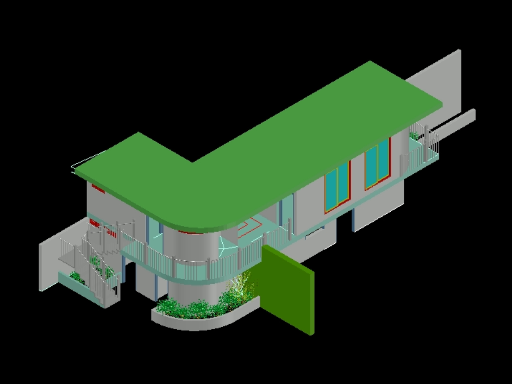 Casas de banho, ginásio e terraço em 3D.