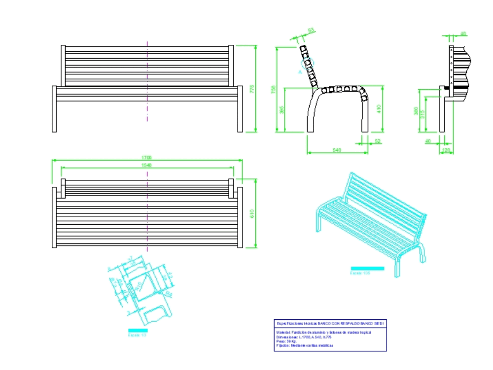 Banco de parque en AutoCAD | Descargar CAD gratis (46.92 KB) | Bibliocad