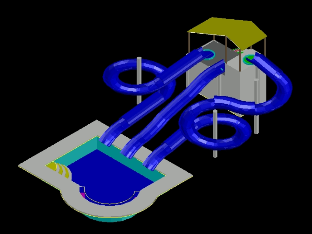 Toboggan et piscine en 3D.