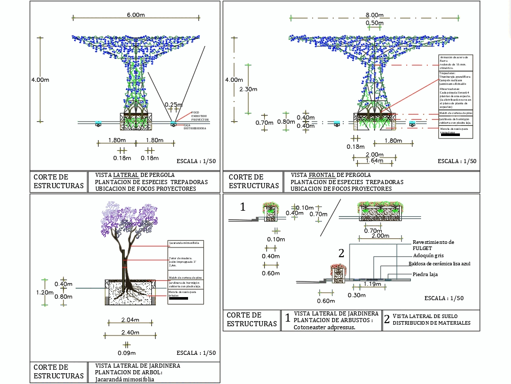 Elevations and sections of structures at square with details