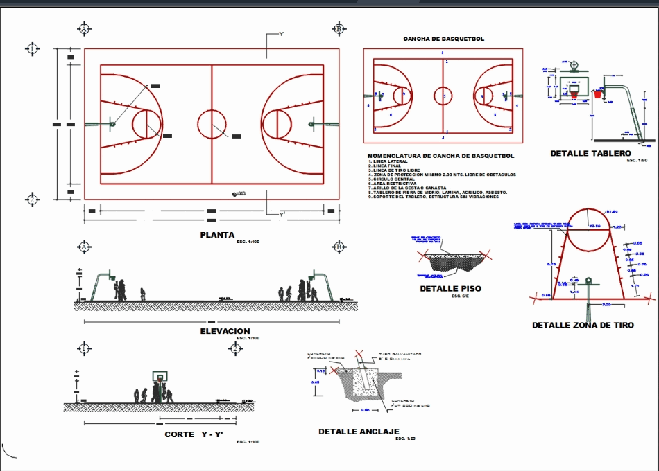 Cancha de basquetbol en AutoCAD | Descargar CAD (343.2 KB) | Bibliocad