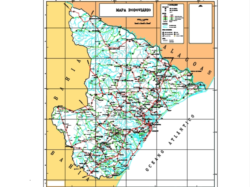 Road map of the state of Sergipe; Brazil