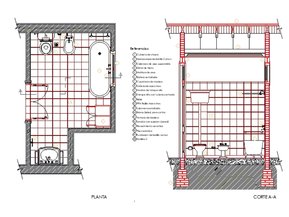 Detail des alten Badezimmerschnittplans 1.20