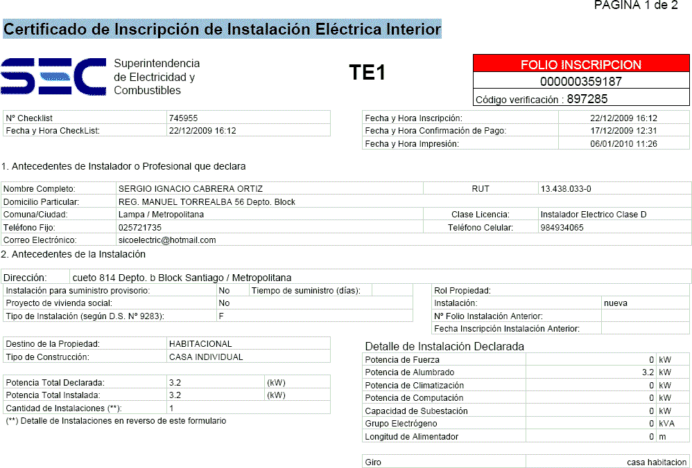 Certificate inscription of electric installation intern