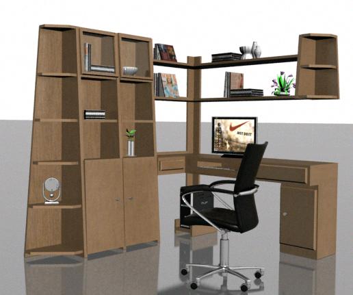Workstation with bookshelf and cabinet in 3d