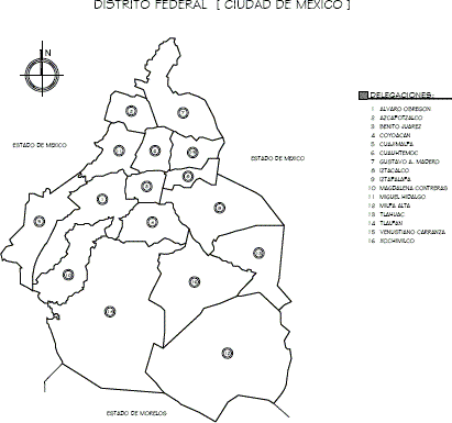 Mapa del Distrito Federal, México con nombres, división 
