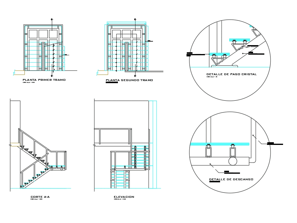 Detalles de escalera de cristal en AutoCAD | CAD (145.53 KB) | Bibliocad