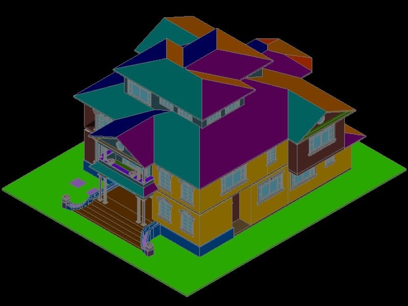 Three-story detached house in 3d