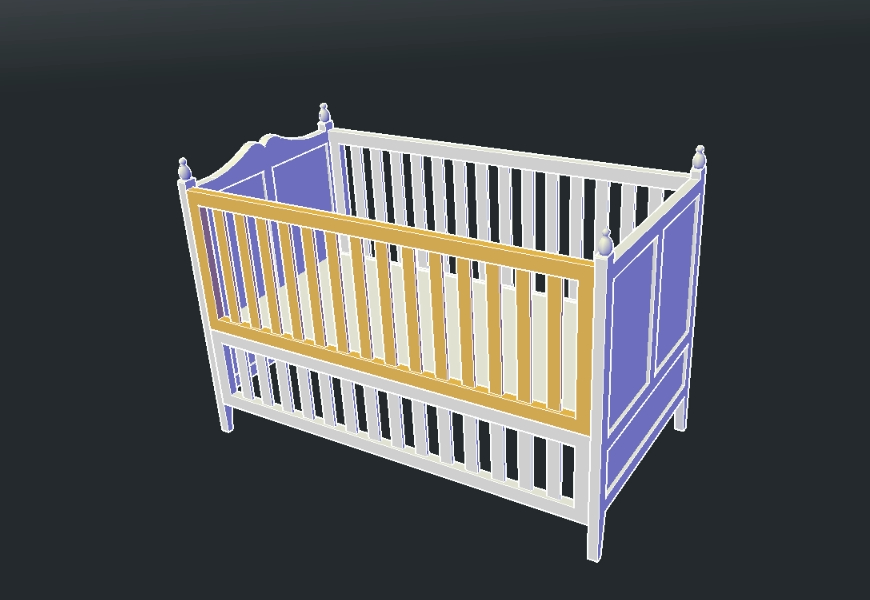 BABY CRIB, WHITE LACQUERED PINE, SIDE SCROLLING IN 3D