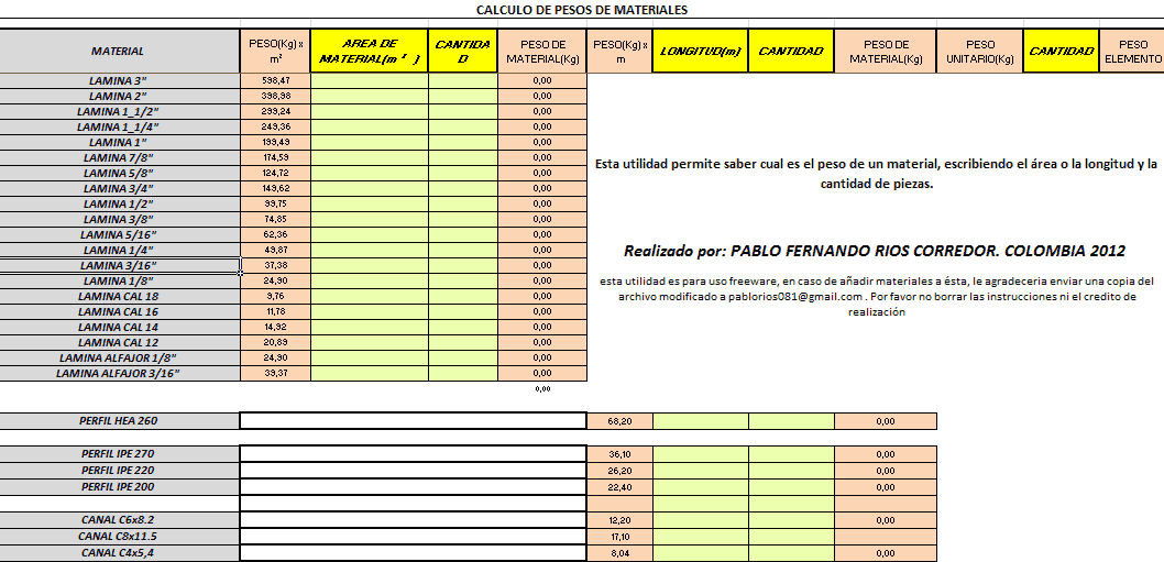 Weights and Dimensions of Industrial Materials, Spreadsheet