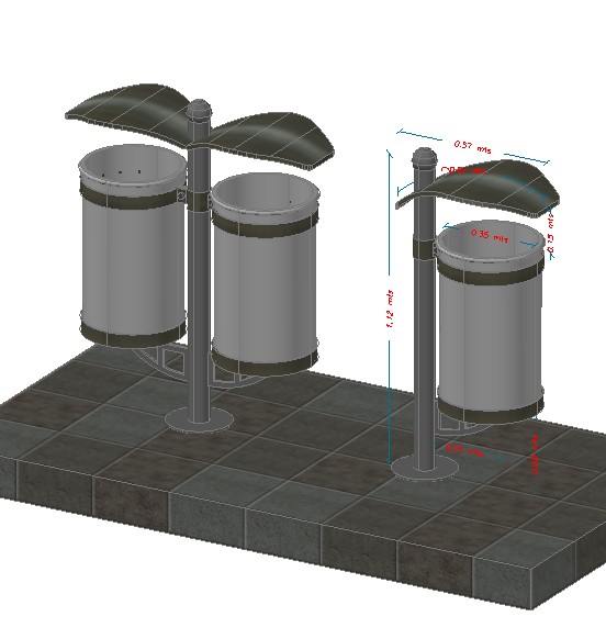 Trash Bins, Post Mounted Single and Double Barrel, in 3d