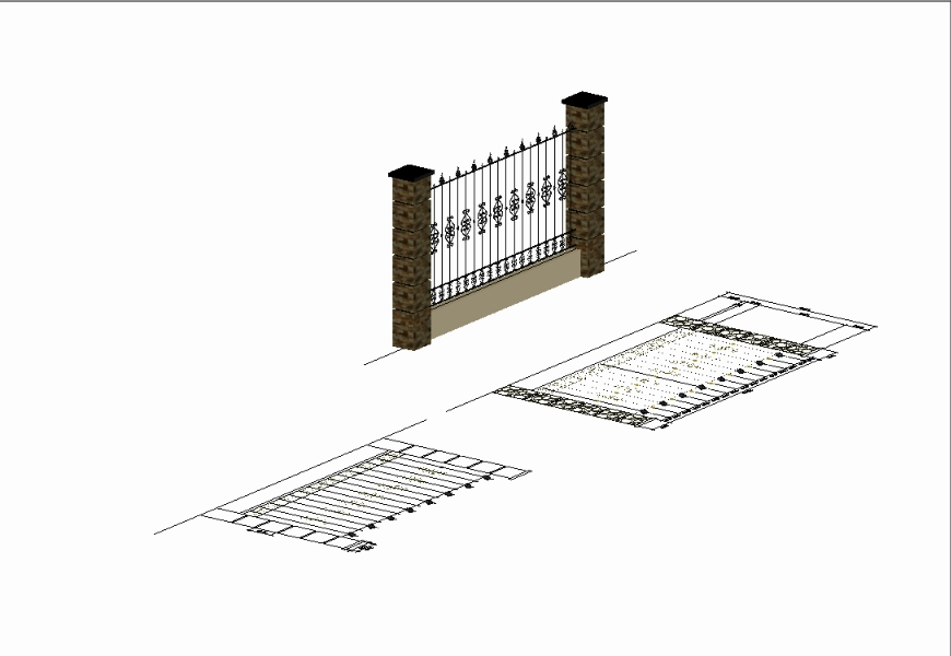 Fence 3D--decorative wrought iron and cement blocks