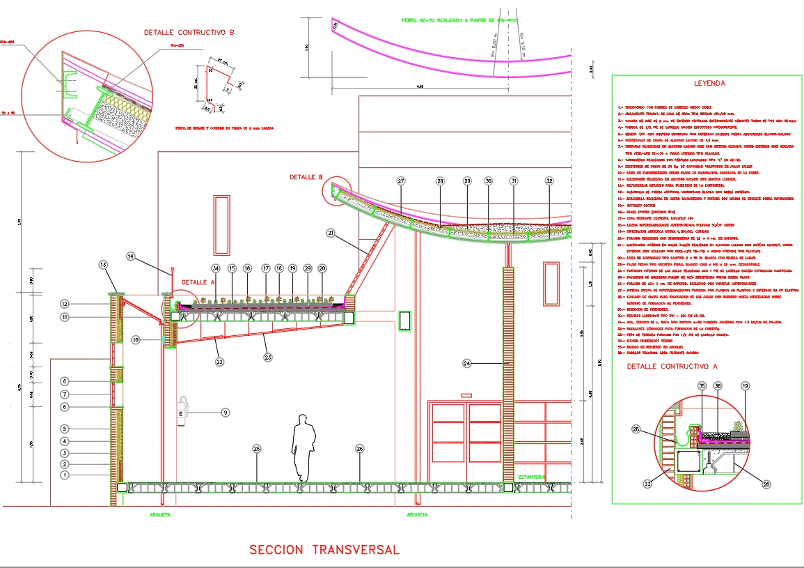 Detail of curved roof - roof garden in AutoCAD CAD (622 