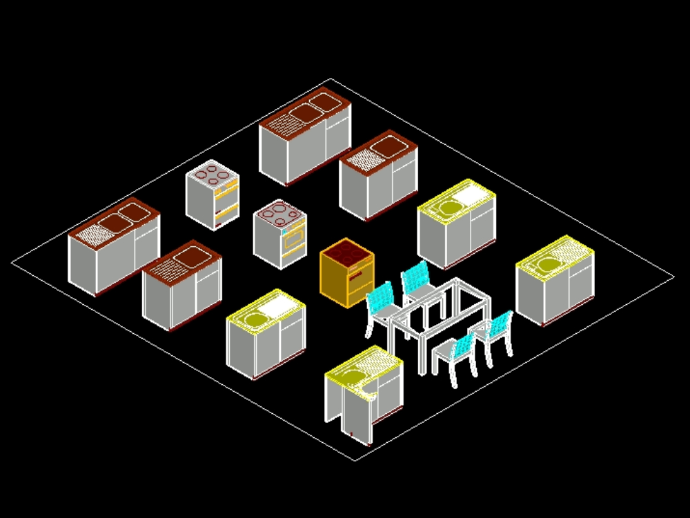 Küchen-Esszimmermöbel in 3D.