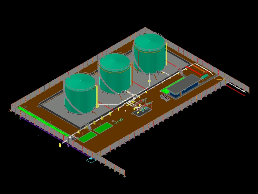 Patio de tanques industriales en 3D.