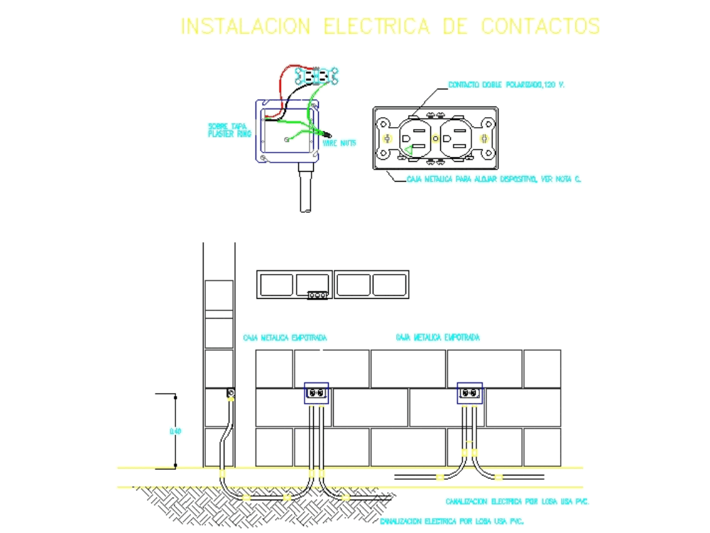 Detalle instalación de contacto en muro (66.24 KB) | Bibliocad wiring a duplex receptacle 