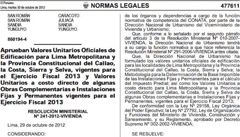 VALORES UNITARIOS OFICIALES DE EDIFICACIÓN AÑO 2013