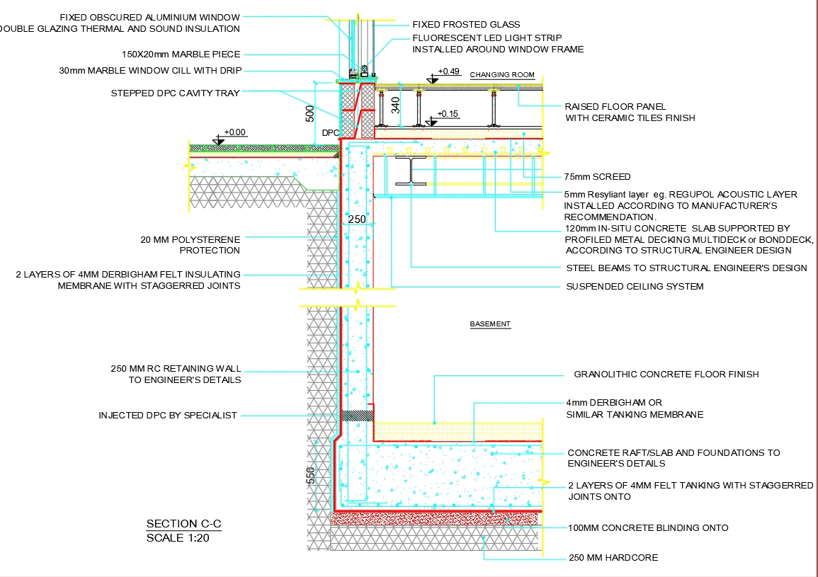 Basement Tank Raised Floor Wall And Window Section In Autocad