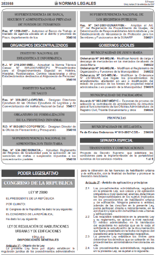 REGULATIONS URBAN BUILDINGS AND HABITATION, LAW 29090, PERU