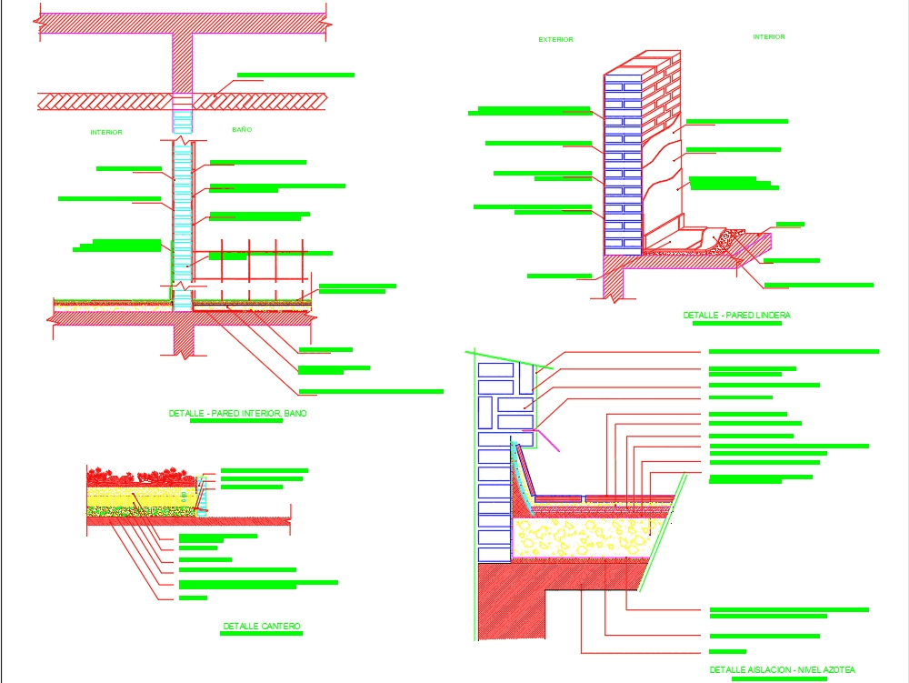 Detalles constructivos varios de desagues; aislaciones de