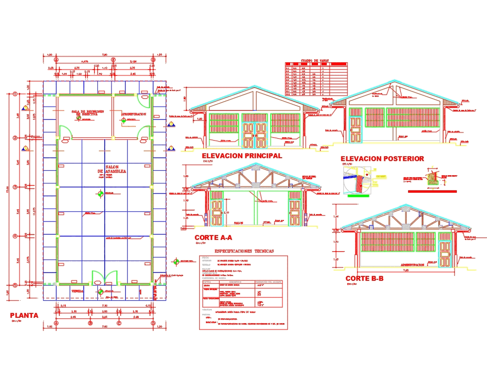 Salón de usos múltiples en AutoCAD | Descargar CAD gratis (190.07 KB