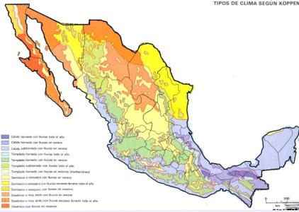 Imagen de los tipos de clima en la república Mexicana con división política.