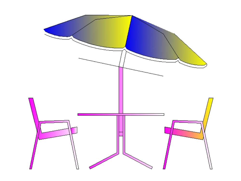 Tisch mit Sonnenschirm und Stühlen.