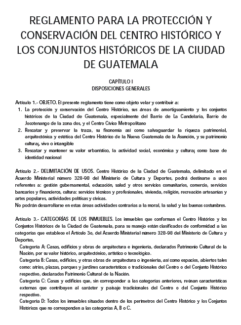 Regulations for the protection and preservation of the historic center of Guatemala City