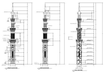 Corte e elevação de um minarete