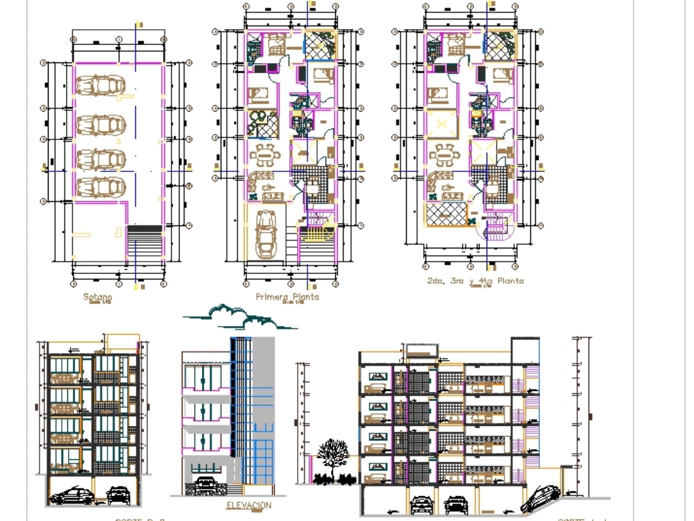 Edificio multifamiliar de 4 pisos. en AutoCAD | CAD (495.06 KB) | Bibliocad