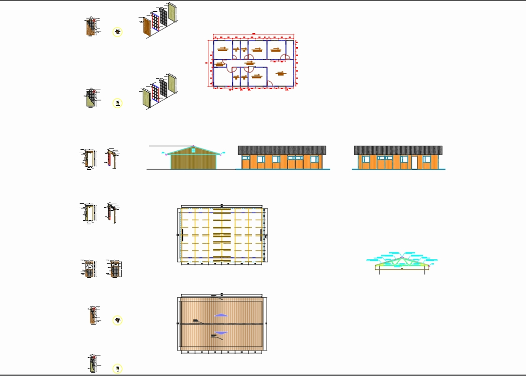 Distribución y detalles de modulo para campamento de madera