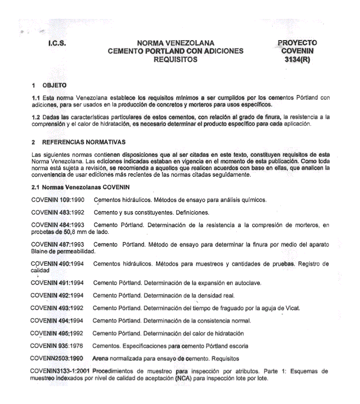 PORTLAND CEMENT WITH VENEZUELAN STANDARDS REQUIREMENTS ADDITIONS