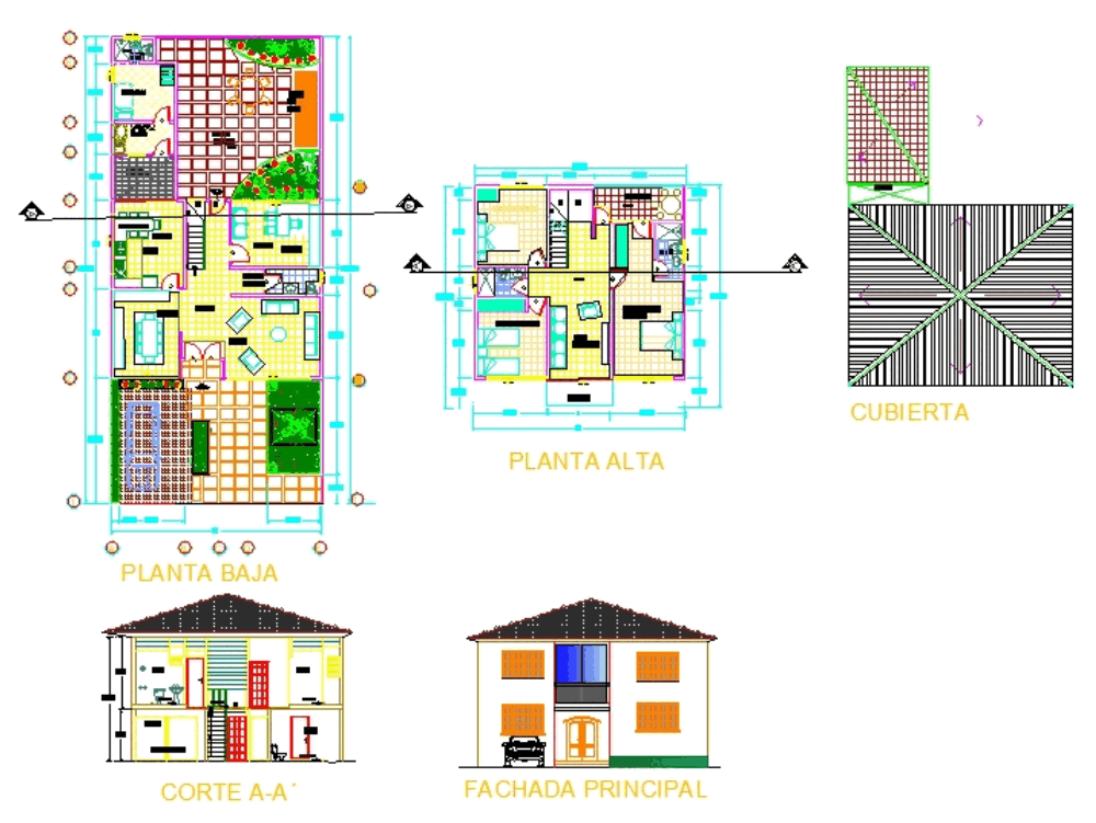 Fachadas de casas de dos pisos en autocad 2017