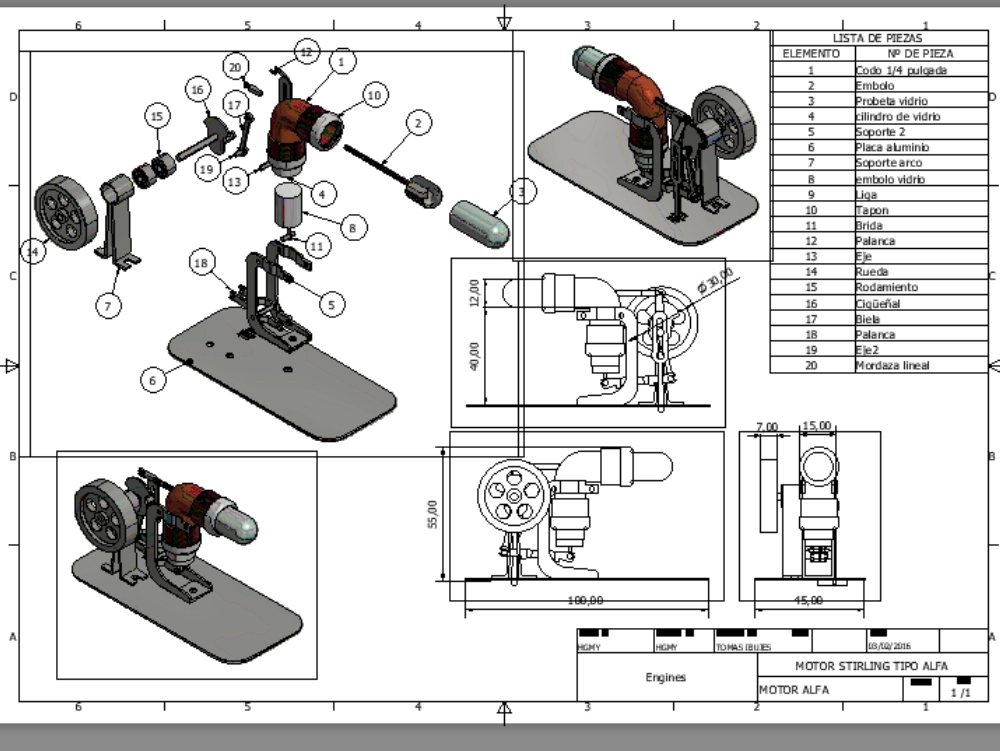 Explosionszeichnung Stirlingmotor Typ Alfa - 2d