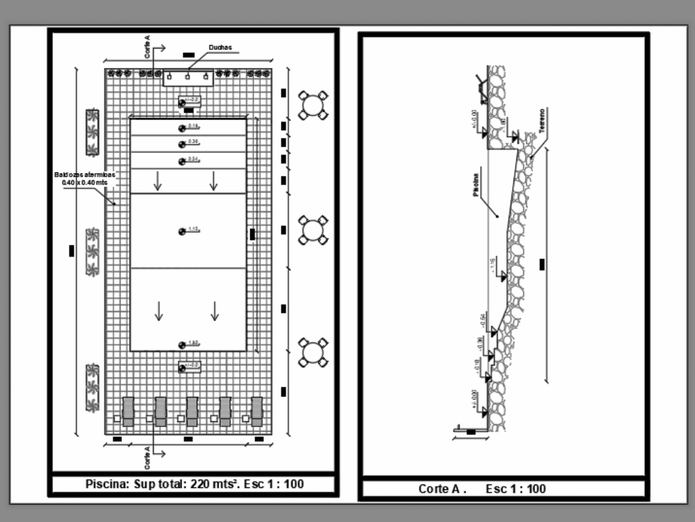 Estudiante Todopoderoso garra Proyecto de psicina con mobiliario en AutoCAD | CAD (182.52 KB) | Bibliocad