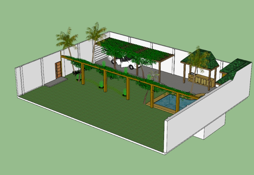 Terrace with swimming pool - waterfall - planters. 3D