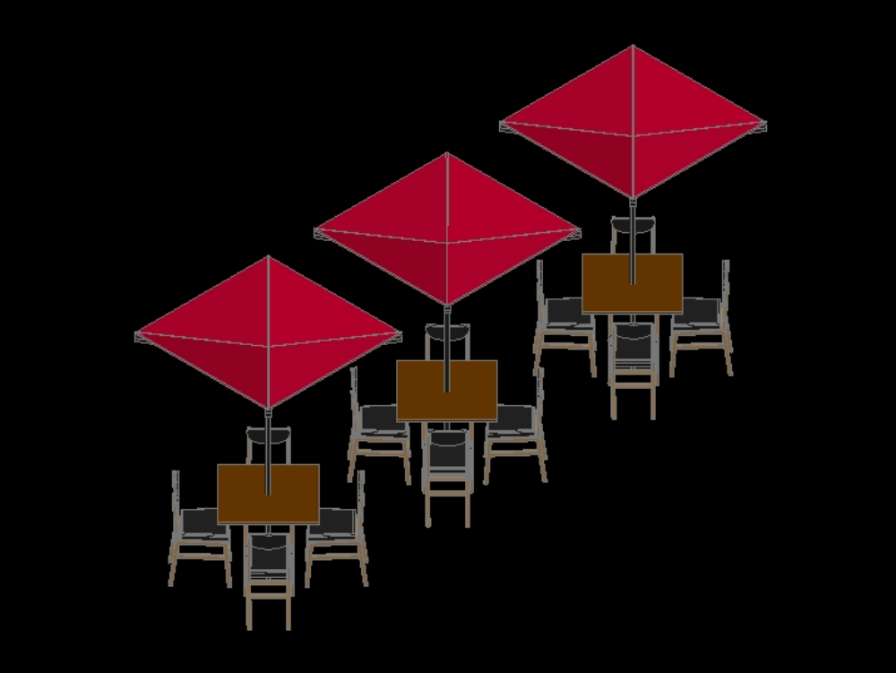 Table avec parasol en 3D.