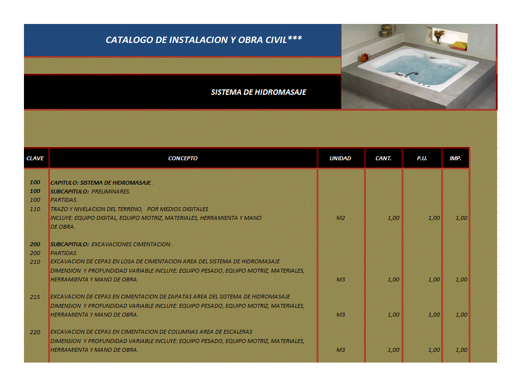 Catalogue de construction d'ouvrages de génie civil et installations d'un bain à remous