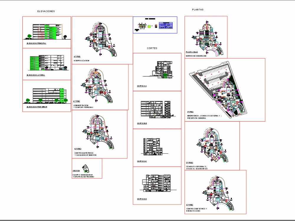 Architectural plans of five levels plus a basement