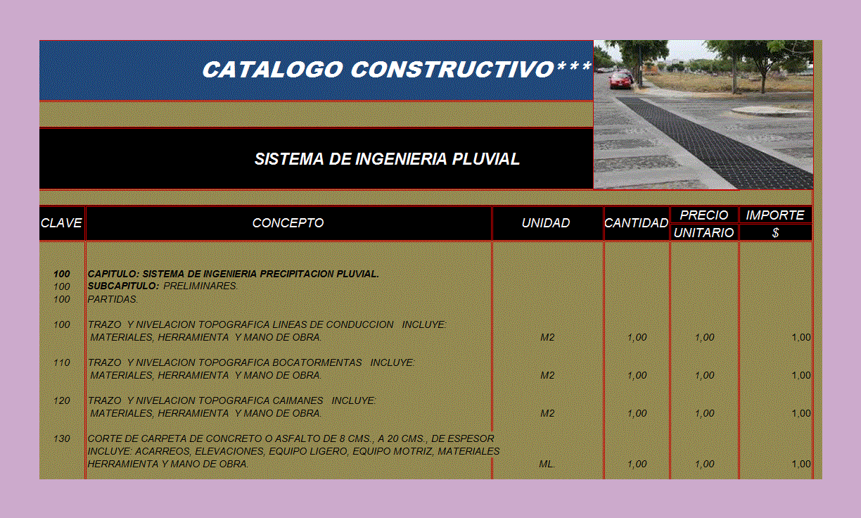 Catalog of construction pluvial engineering system