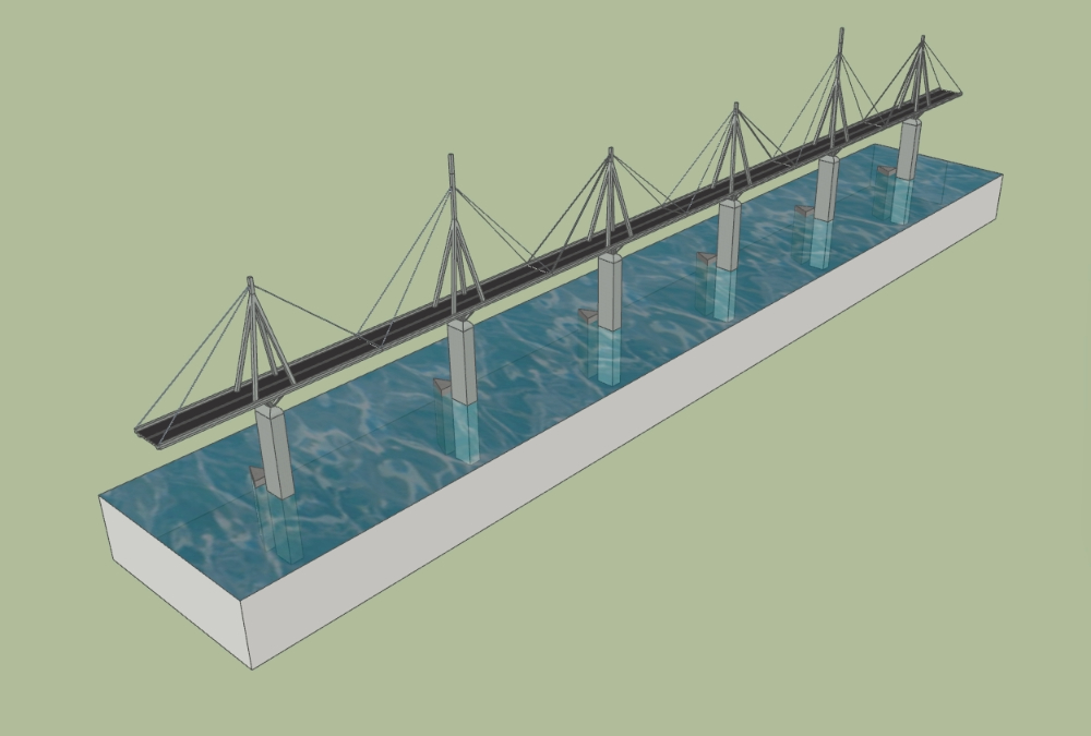 Schrägseilbrücke mit 6 Spannweiten über das Meer - Skizze