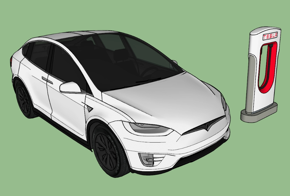 Automovil tesla model x con estacion de carga sketchup (42.35 MB