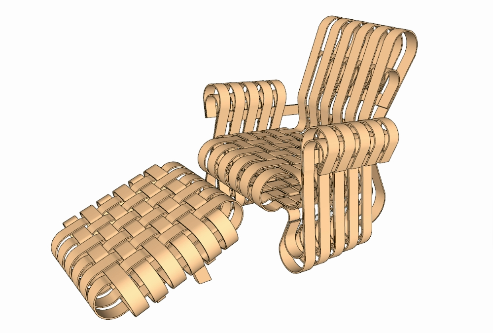 Cadeira de madeira curvada e otomano 3d